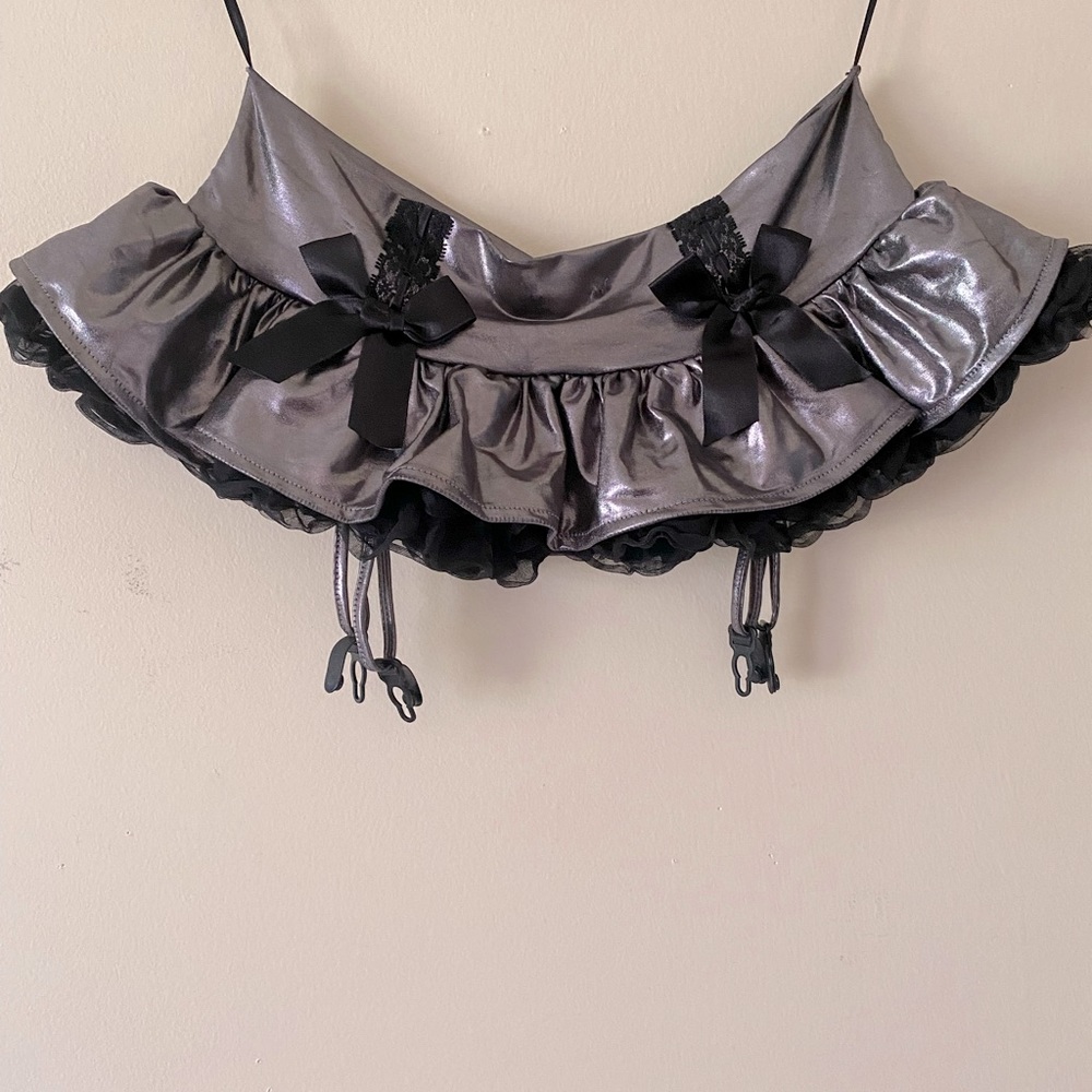 Chrome mini skirt with garter belt